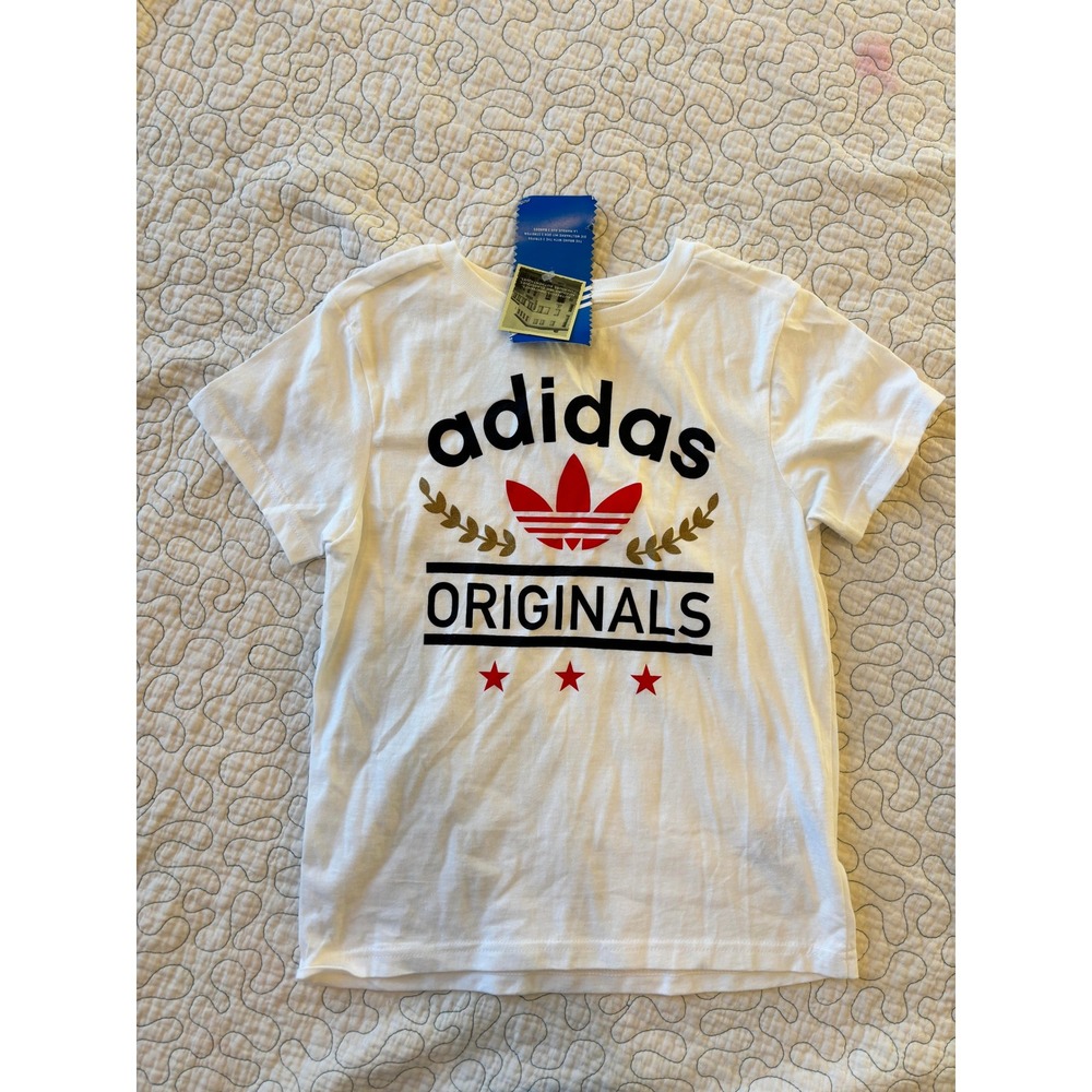 Adidas Originals Boy's White Graphic T-Shirt Gold Laurel Red‎ Stars Size Small